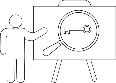 hombre presentación llave en aumentador vaso en monitor tablero soportado por piernas vector