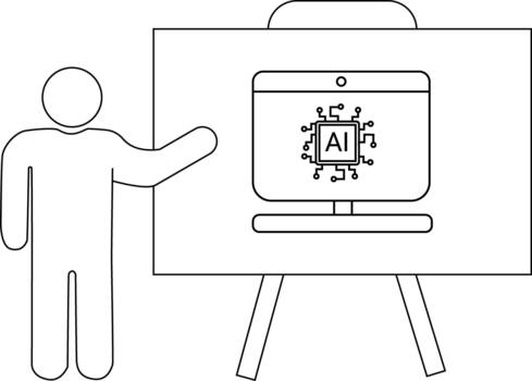 A stick figure presents a whiteboard displaying a computer screen with an AI graphic vector