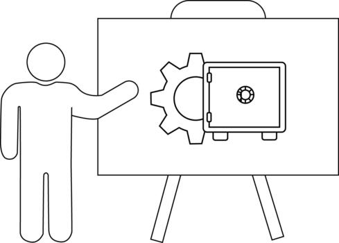 Cartoon of a person gesturing towards a safe superimposed on a gear displayed on a presentation board vector