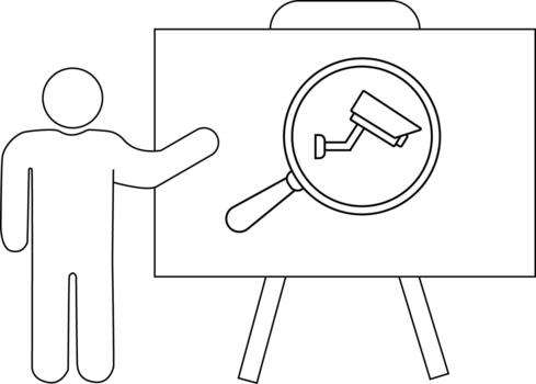 Presentation stick figure points to a whiteboard showing a magnifying glass over a security camera on a tripod vector