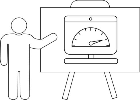 Person points to a monitor with a speedometer on a presentation board legs included vector