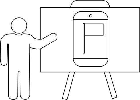 un presentador gestos hacia un rotafolio mostrando un teléfono inteligente ilustración con un bandera icono vector