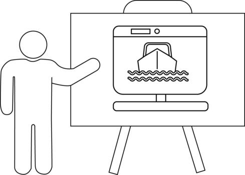 Stick figure presents a monitor displaying a ship on water set against a blank easel vector