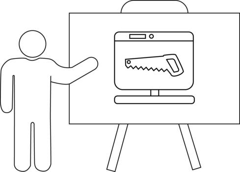 línea Arte muestra un palo figura presentación un computadora mostrando un Sierra vector