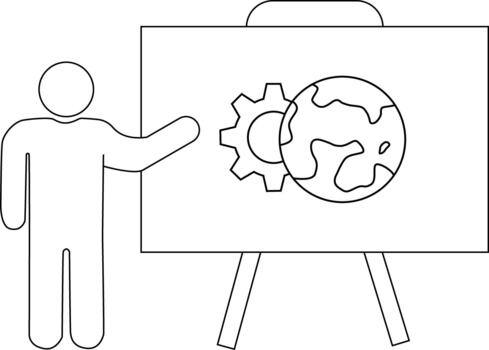 Presentation shows a person next to an easel with a globe and gear depicted vector