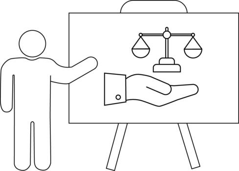 un figura soportes siguiente a un pizarron mostrando un mano y escamas de justicia en un estar vector