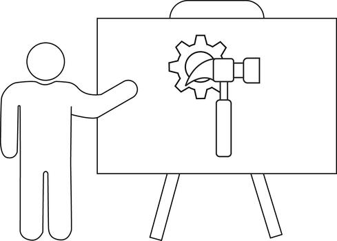 contorno imagen muestra figura presentación un pizarron mostrando un diente rueda martillo y habla burbuja vector