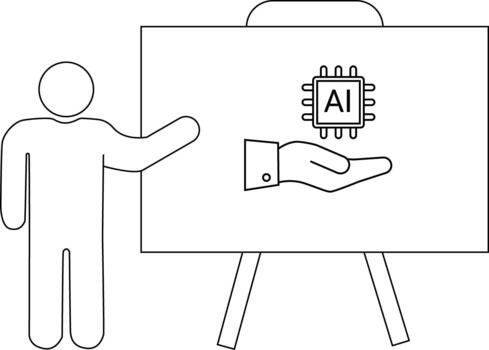 Stick figure presenting a whiteboard with a hand holding a computer chip labeled AI vector