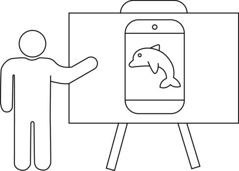 Illustration of a person presenting a smartphone display with a dolphin image on an easel vector
