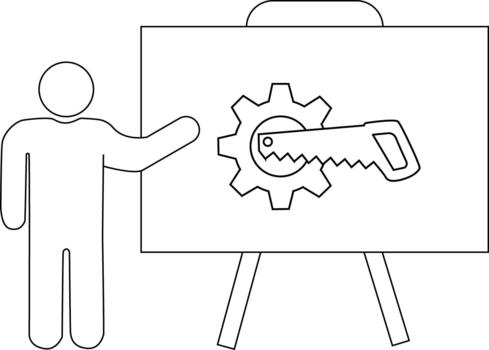 A figure points to a board with a gear being sawed symbolizing problemsolving or disruption vector