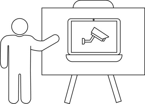 Man presenting a laptop with a security camera image on a stand vector