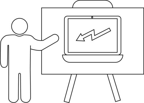 A stick figure presents data graph on a laptop displayed on an easel vector