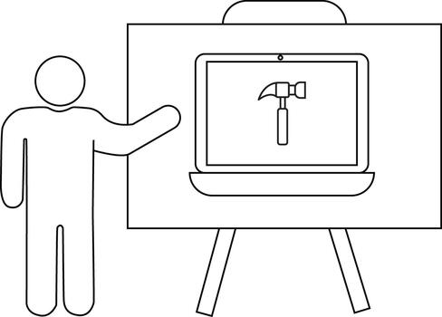 Figure presenting a laptop displaying a hammer on a stand vector