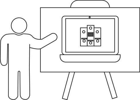 Figure pointing to laptop on presentation easel showing document icons vector