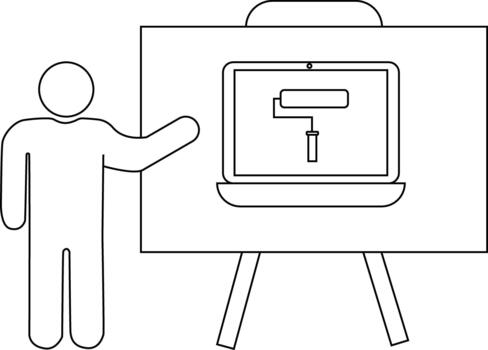 Outline image of person presenting slide with laptop and paint roller on a tripod easel vector