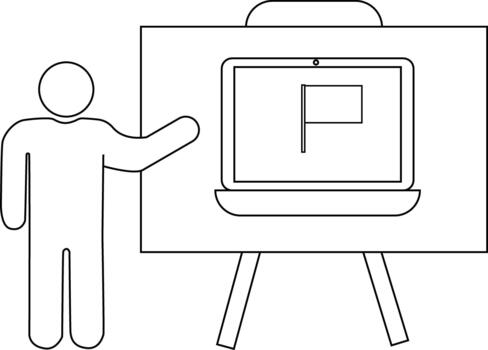 A figure stands next to an easel with a laptop showing a flag on its screen vector