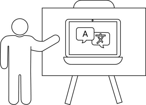 A person presents a laptop screen showing speech bubbles with an A and Chinese text on an easel vector