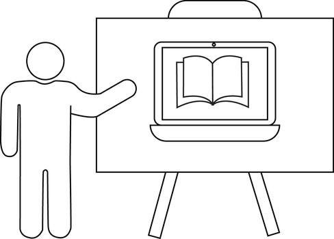 hombre gesticulando a pizarron demostración abierto libro dentro ordenador portátil icono vector