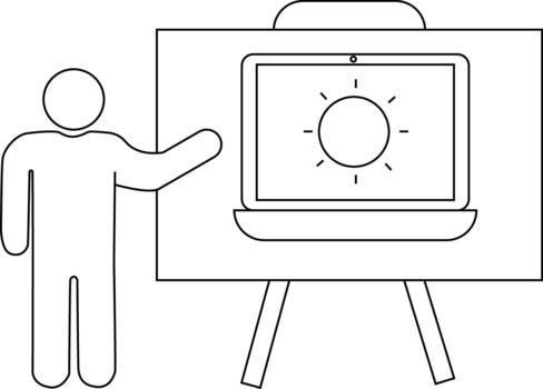 Outline depicts a stickfigure presenting a laptop display with a sun icon placed on a stand vector