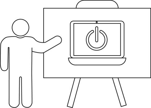 A presenter stands by a flip chart showcasing a laptop icon with a power button vector