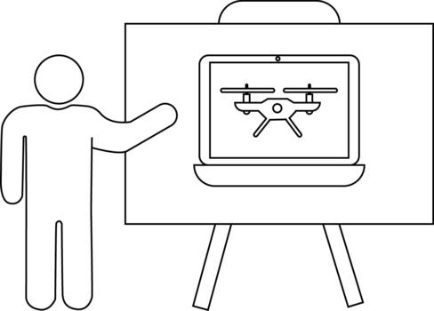 A figure stands next to an easel displaying a laptop showing a drone vector