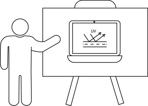 Line art shows a person pointing to a whiteboard displaying a laptop illustrating UV rays vector