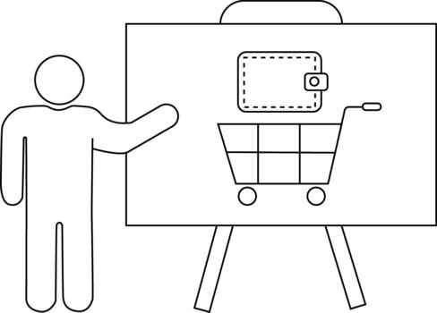 Person points at a whiteboard with walletcart drawings on a stand simple line art style vector