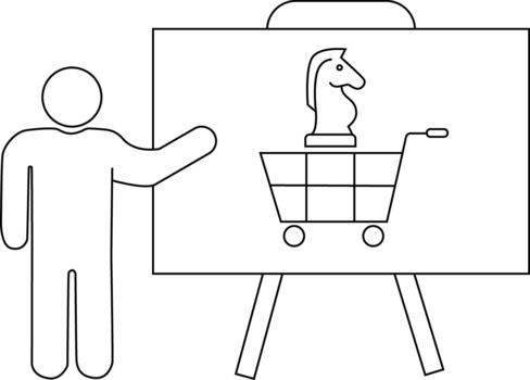 Stick figure presenting a whiteboard displaying a shopping cart with a chess knight on top vector