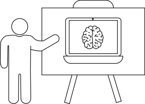 línea dibujo de un persona presentación un cerebro imagen en un ordenador portátil desplegado en un estar vector