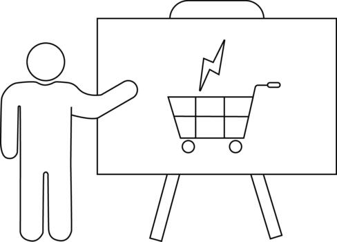 Stick figure presenting a whiteboard with a shopping cart and lightning bolt on it vector