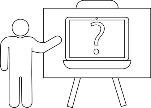 A figure points to a question mark on a laptop on a stand vector