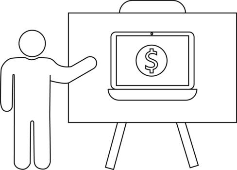 contorno muestra un persona presentación un ordenador portátil con un dólar firmar en el pantalla conjunto en un presentación tablero con piernas vector