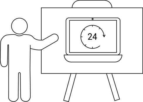 Icon of a person presenting a chart with a laptop showing a 24hour clock symbol vector