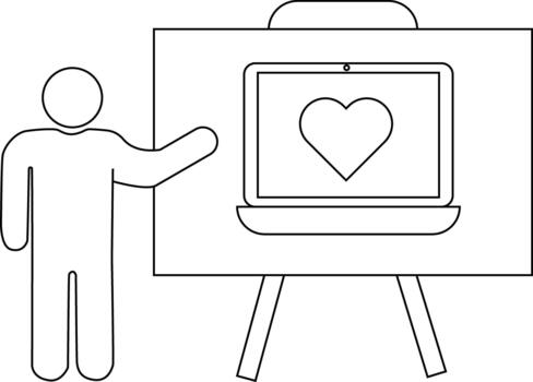 A person presenting a laptop with a heart on its screen displayed on a whiteboard with legs vector