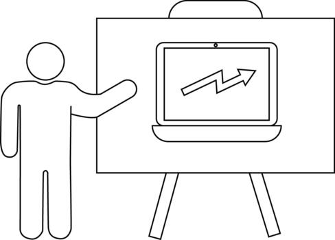 Presenter showing a laptop with an upwardtrending graph on a whiteboard vector