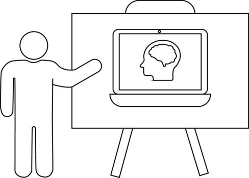 Stick figure presenting a laptop with brain image vector