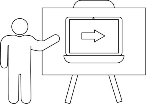 A presenter gestures towards a laptop displayed on a stand vector