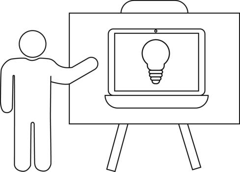 Stick figure presenting a laptop on an easel showing a lightbulb on the screen vector