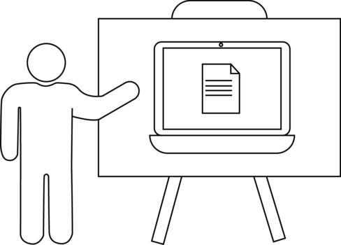 Presentation of a laptop on an easel with a stick figure gesturing towards it vector