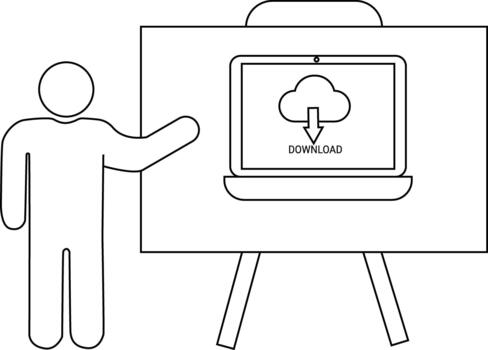 A presentation with a presenter and laptop displaying a cloud download icon vector