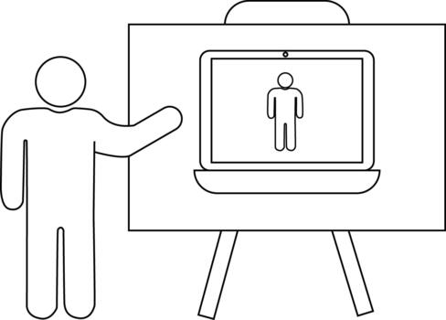 palo figura presentación persona por caballete con ordenador portátil mostrando otro palo figura vector