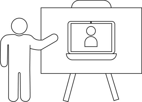 A stick figure presents a laptop with another stick figure displayed on its screen set against a plain background vector
