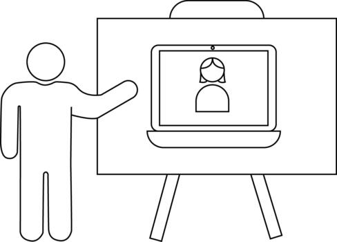 A stick figure points to a display of a laptop with a person on the screen vector