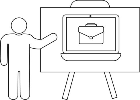 A stick figure points to a presentation board displaying a laptop with a briefcase vector
