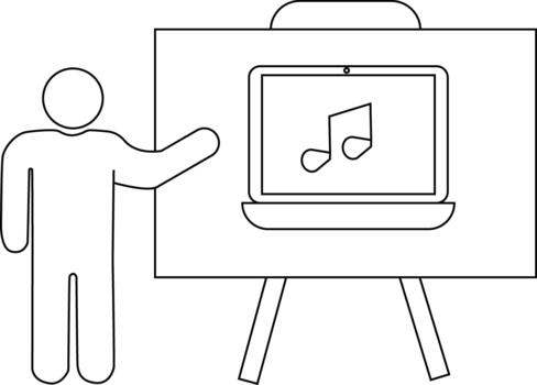 Stick figure presenting a laptop on a stand with a music note on the screen vector