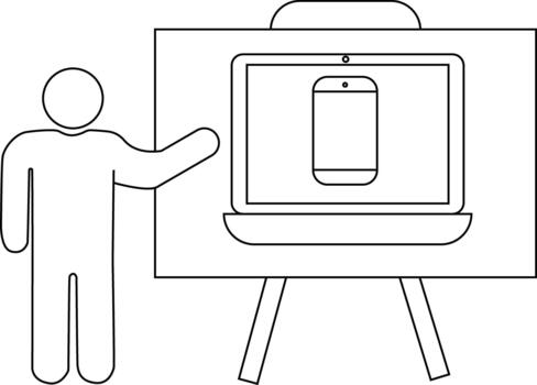Line art shows a figure pointing to a laptop on a stand a smartphone displayed on the laptop screen vector