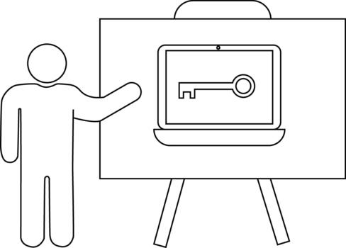 persona presentación ordenador portátil con llave en pantalla utilizando un pizarron vector