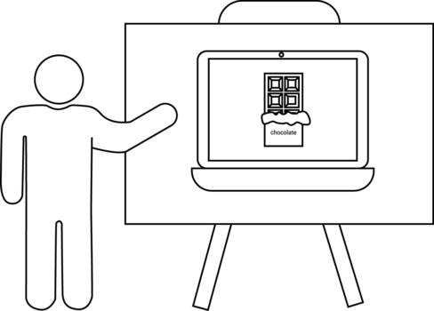 Presentation of chocolate on a laptop display by a figure standing beside an easel vector