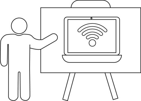 Figure points to laptop on stand with WiFi symbol on screen vector