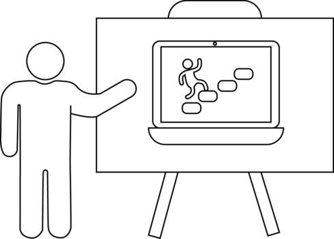 un persona señalando a un presentación tablero con un ordenador portátil mostrando un figura alpinismo pasos vector